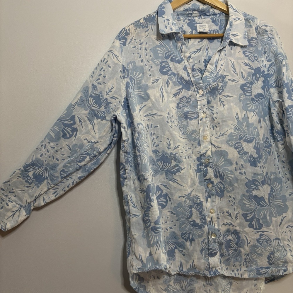 Sigrid‎ Olsen 100% Linen Women Shirt Blouse 1x Blue Button Up Floral Resortwear